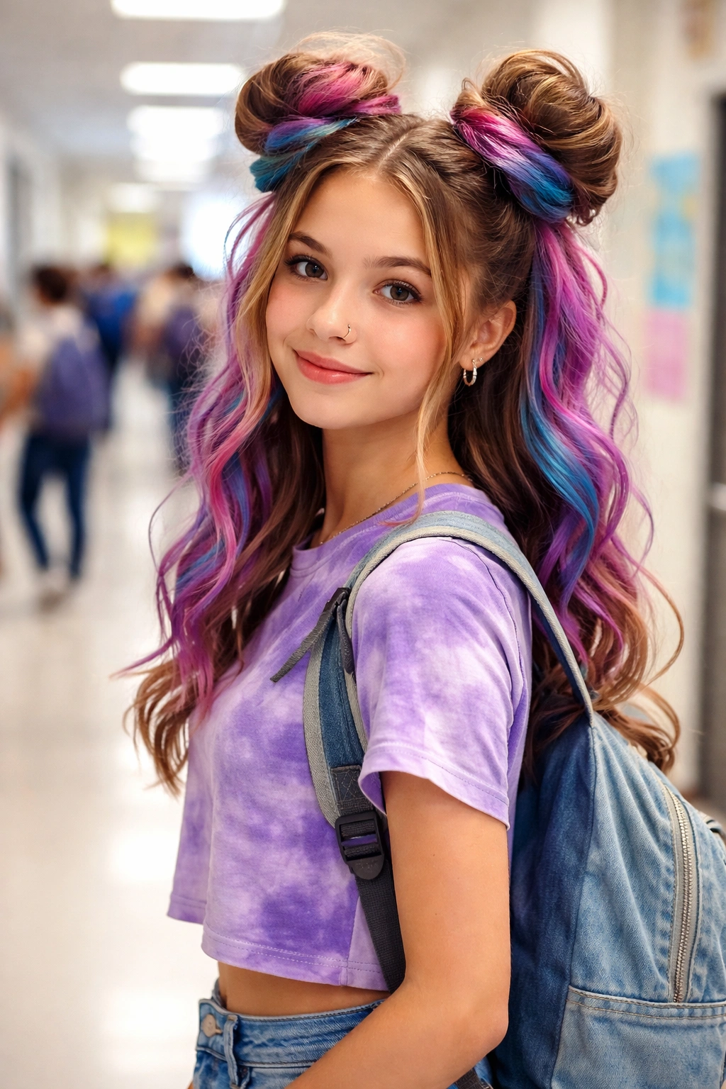 Teen with bold space buns expressing individuality in a school setting.