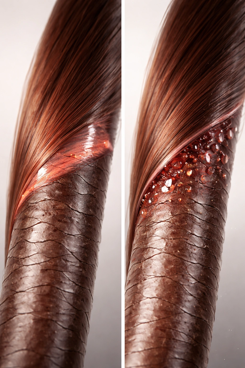 Two hair strands showing surface-coated versus partially penetrated color