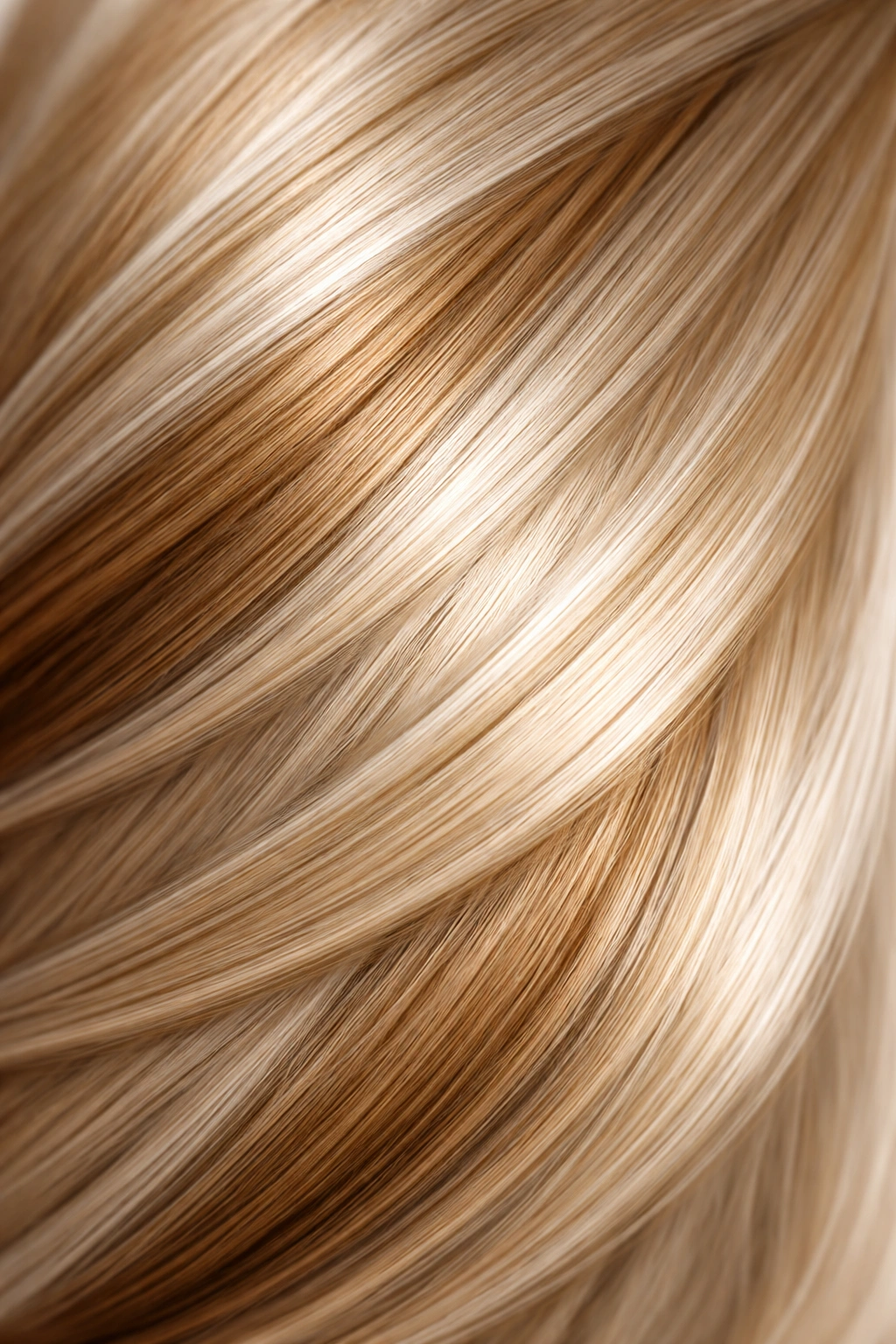 Glossy hair strand with subtle color deposit blending into a blonde base.