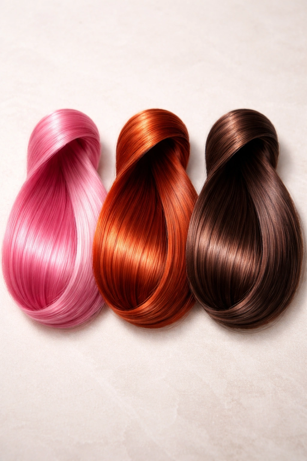 Three hair swatches showing different color depths representing dye types