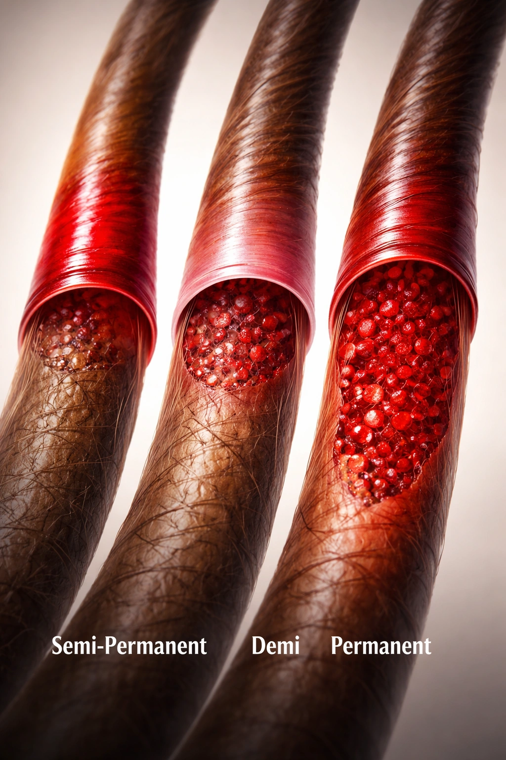 Hair strand showing three zones representing dye penetration depths