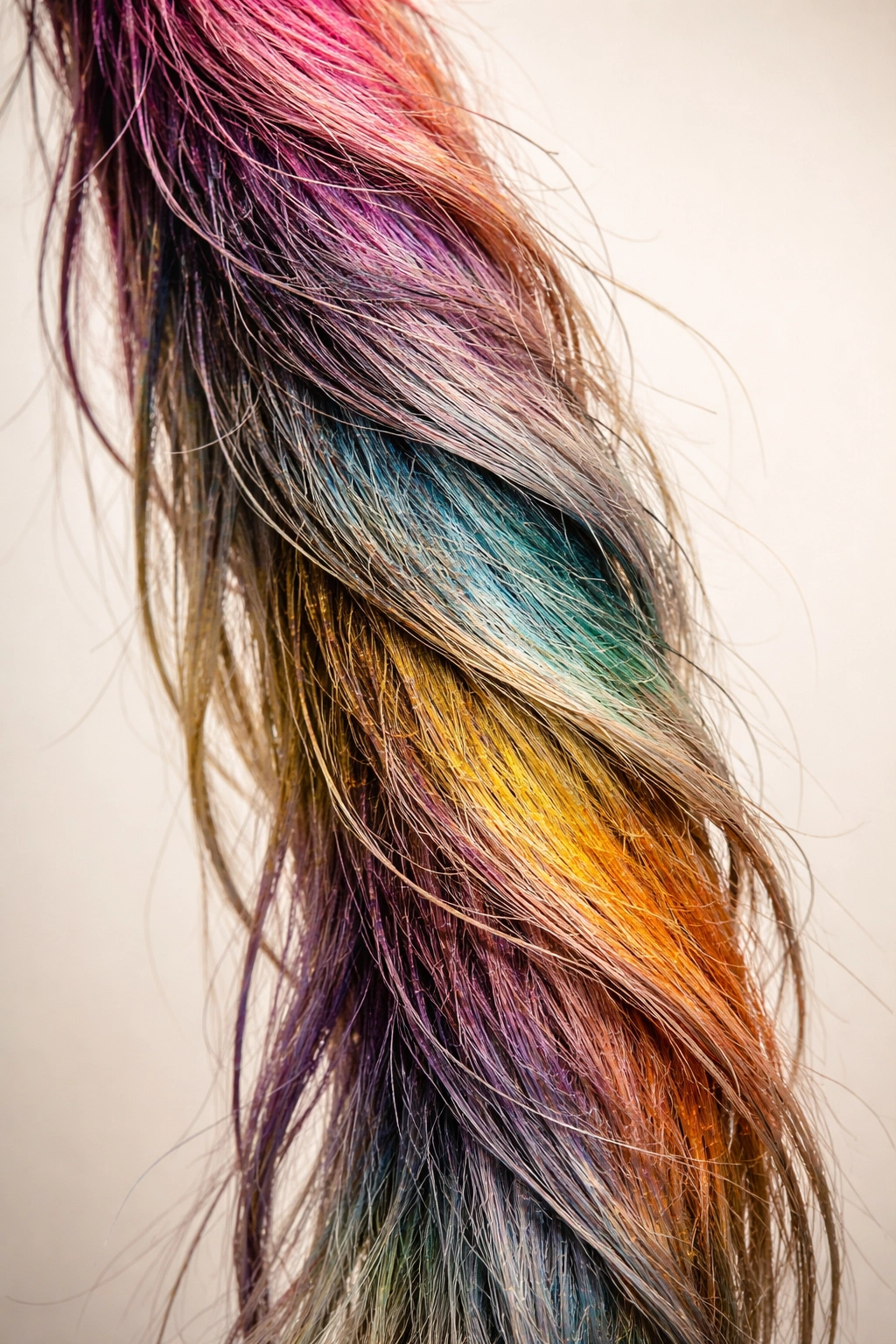 Close-up of a hair strand showing color buildup from repeated semi-permanent dye applications