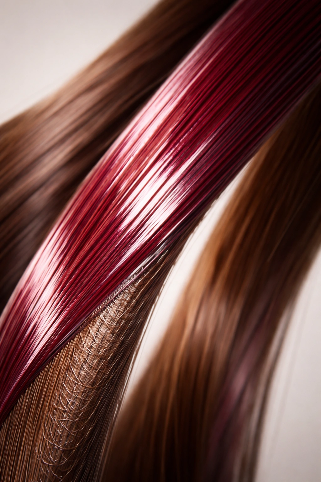 Close-up of hair strands with glossy color coating on the outer surface