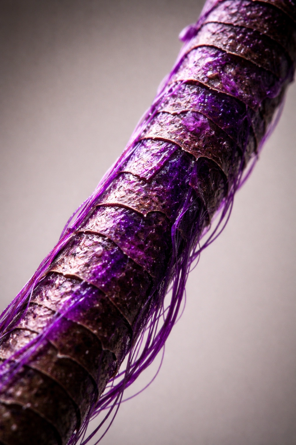 Close-up of a single hair strand showing pigment deposits from semi-permanent dye on the outer cuticle.