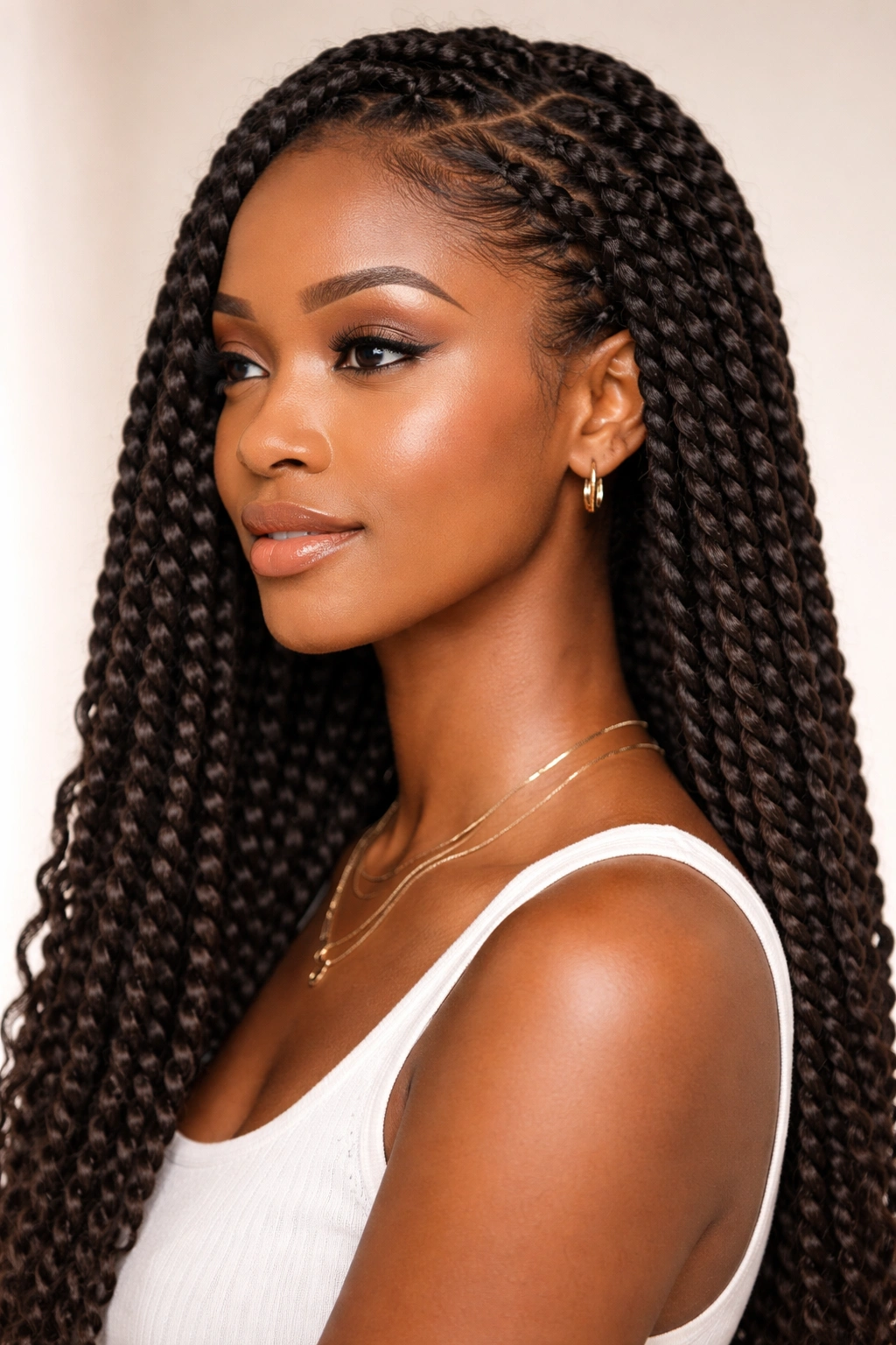 Senegalese twists on coily hair appearing rope-like in studio light