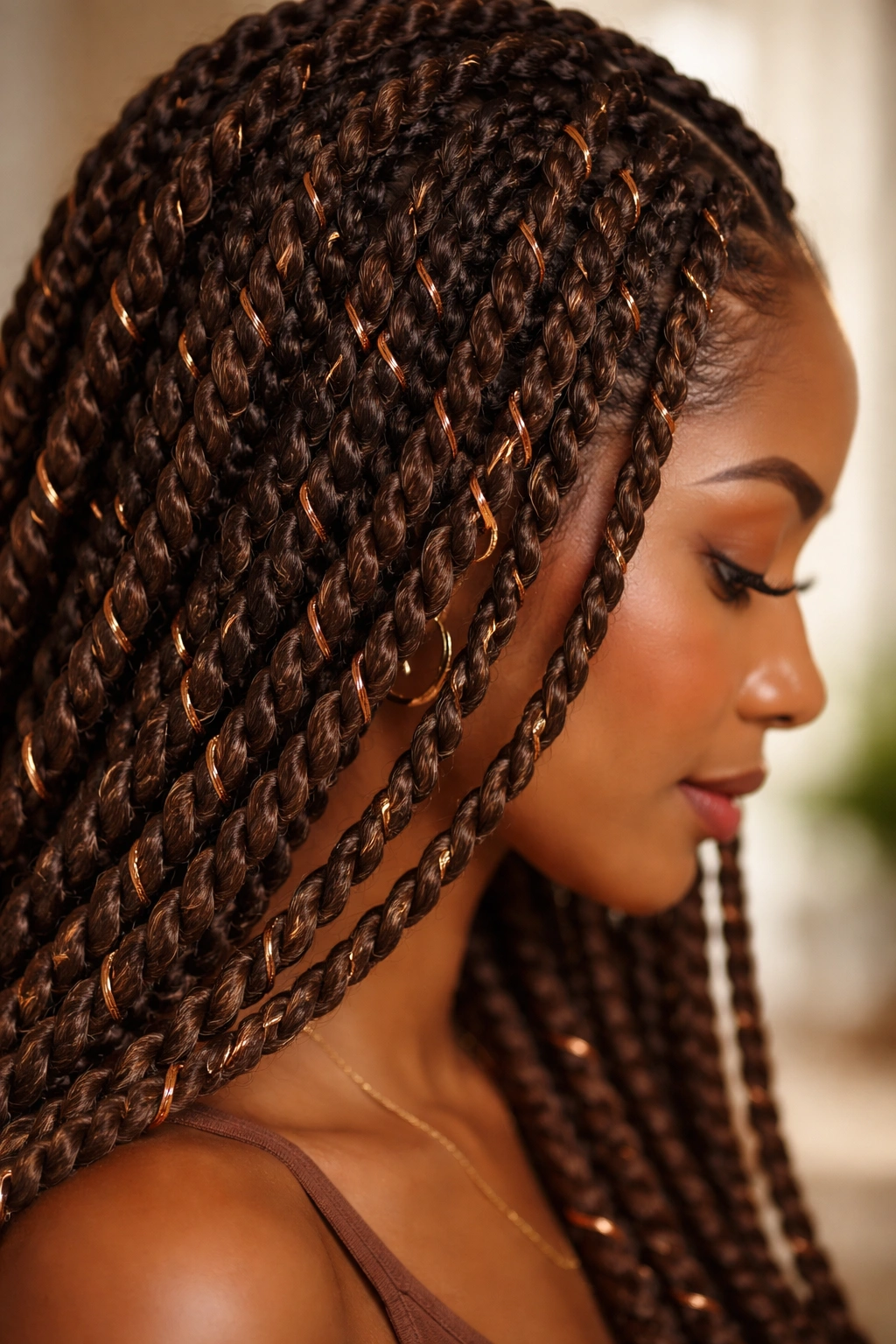 12 Crochet Hairstyles Black Women Are Rocking Now 7 Close-up of Senegalese twists with copper threads woven through, rope-like texture.