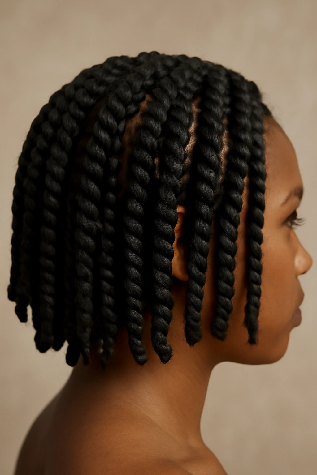 15 Short Braids for Natural Hair You Need to See 5 Close-up of thick Senegalese twists with extensions in studio lighting.