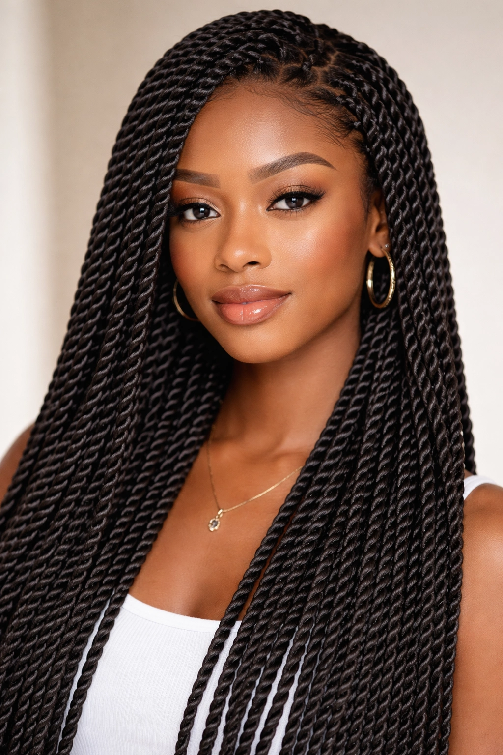 Close-up of a head with Senegalese twists showing uniform thickness and defined twists