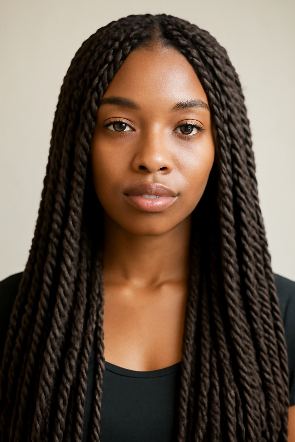 12 Protective Braids for Natural Hair to Bookmark 12 Front-facing portrait of tightly twisted Senegalese twists with extensions.