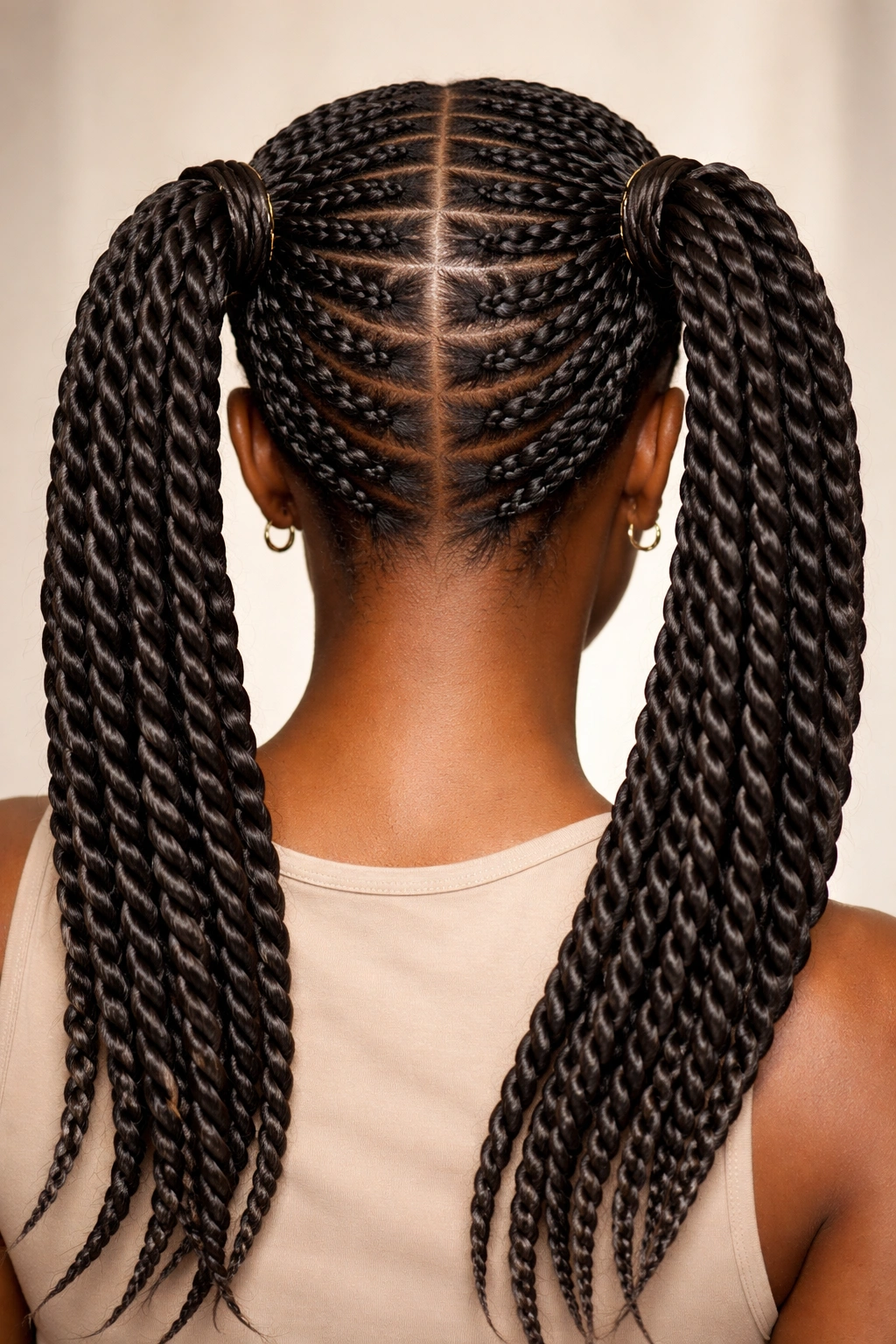 Two thick Senegalese twists forming pigtails on a scalp