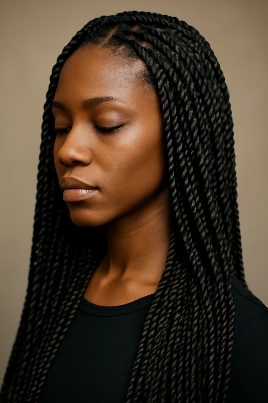15 Natural Braid Styles Black Women Are Wearing Now 7 Close-up of glossy Senegalese twists with rope-like texture wrapped around natural hair