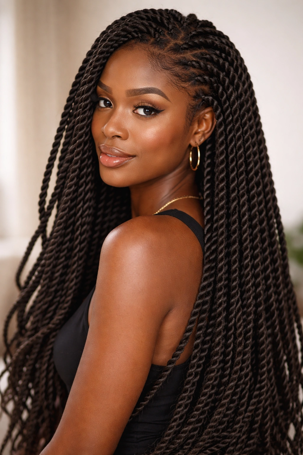 Close-up of Senegalese twists showing thick three-strand braids with extensions on a Black model