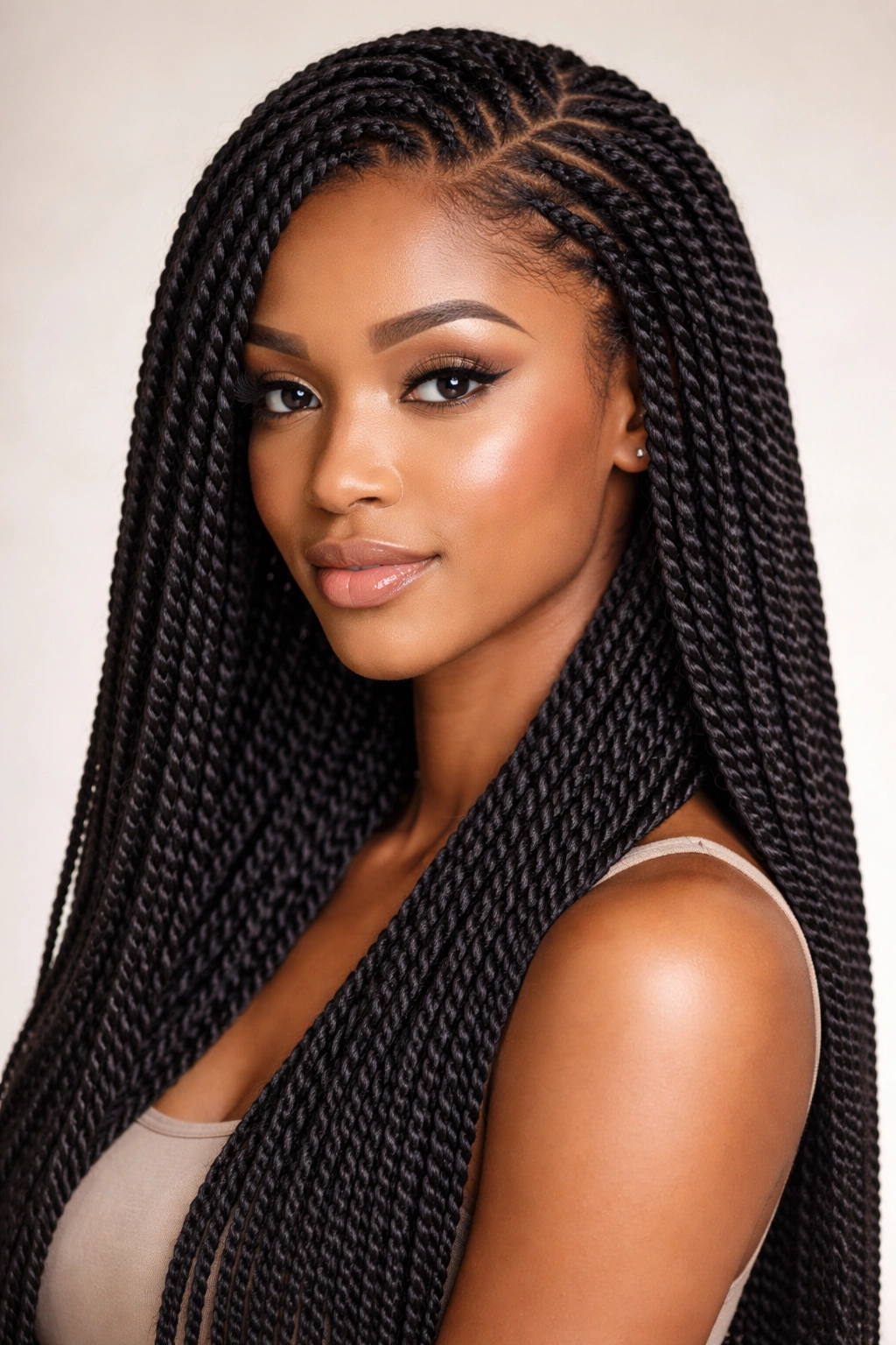 Close-up of sleek Senegalese twists on a model
