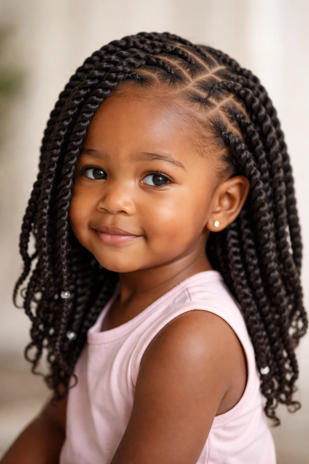 Senegalese twists on a Black toddler with rope-like twists across the scalp