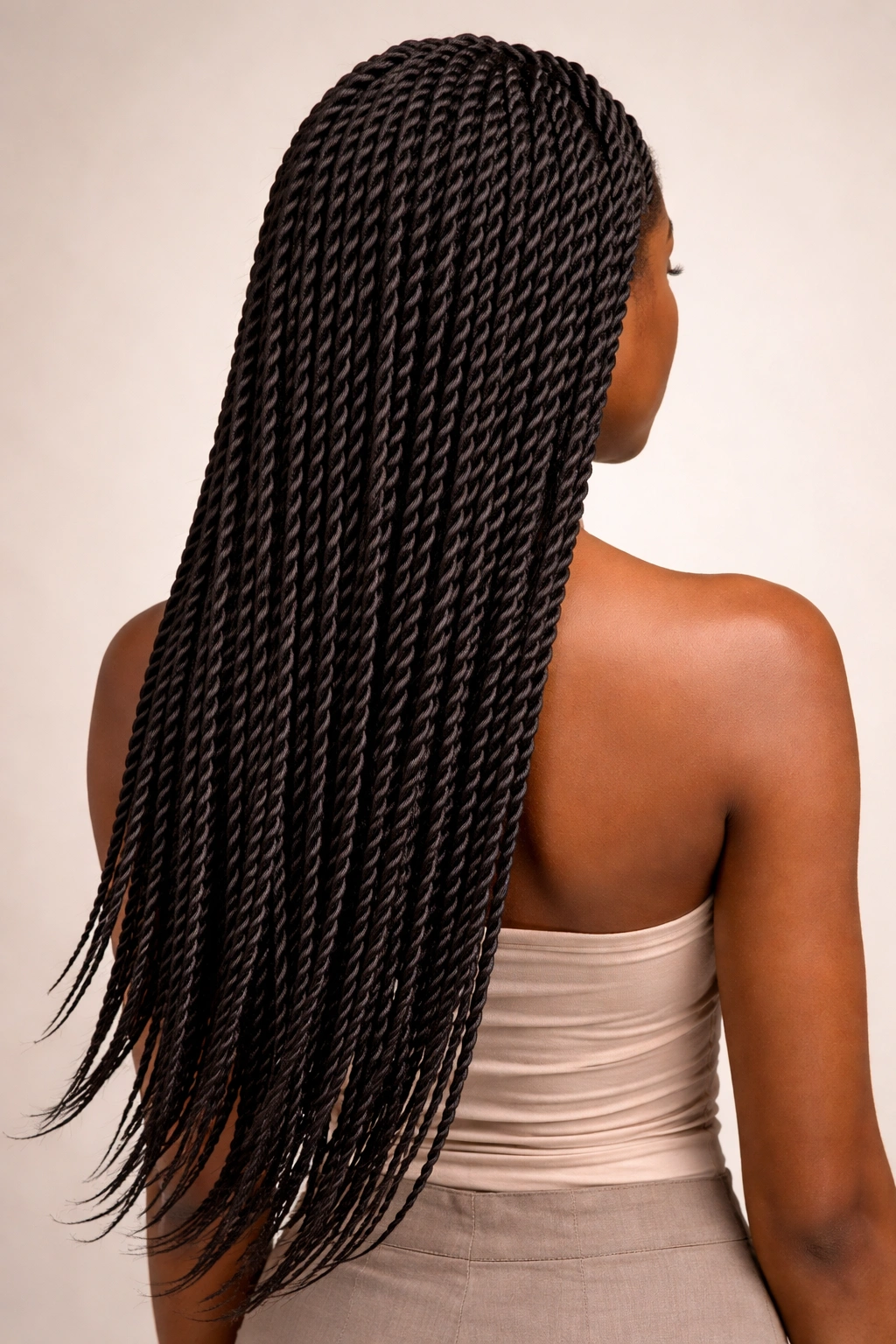 Two-strand Senegalese twists hanging down the back in a sleek texture.