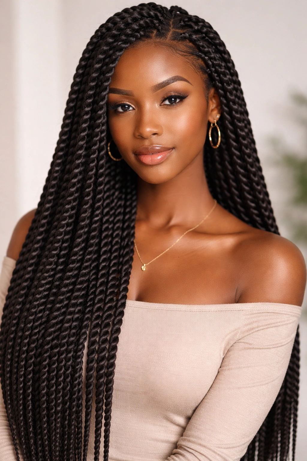 Portrait of Senegalese twists with thick two-strand twists down the length