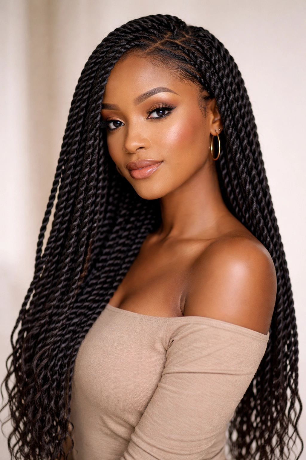 Two-strand Senegalese twists cascading down the shoulders