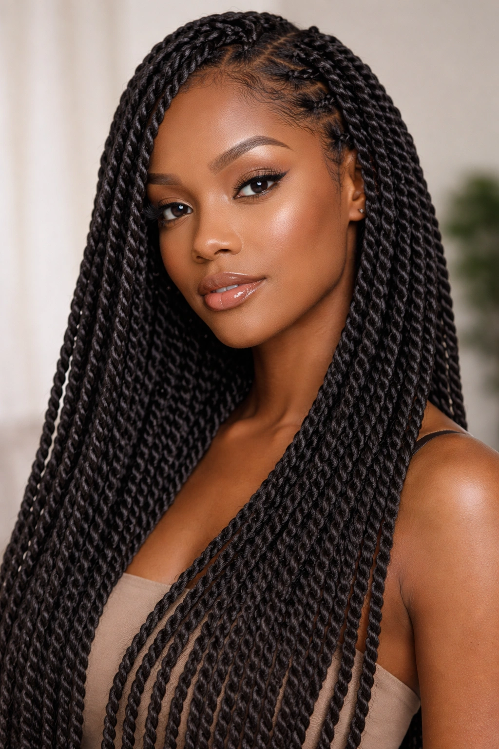 Close-up of thin rope-like Senegalese twists with yarn wrapped along natural hair in studio lighting