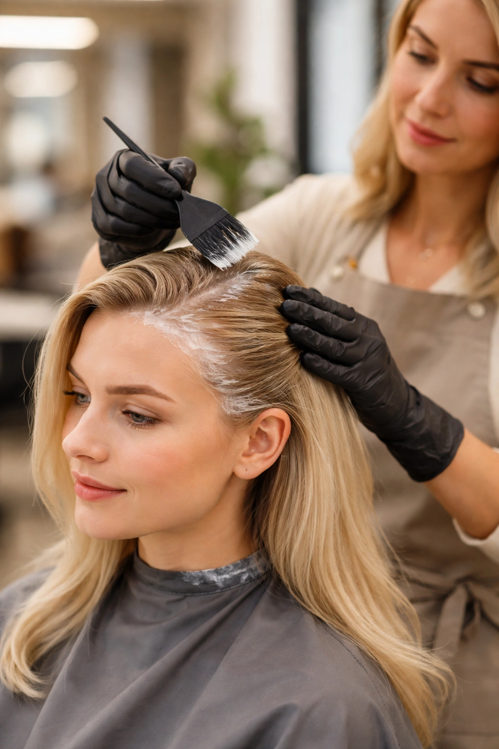 Salon scene showing colorist applying dye with scalp barrier for sensitive client