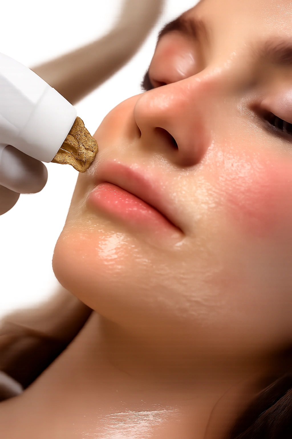 Close-up of sensitive facial skin with cooling gel during laser prep