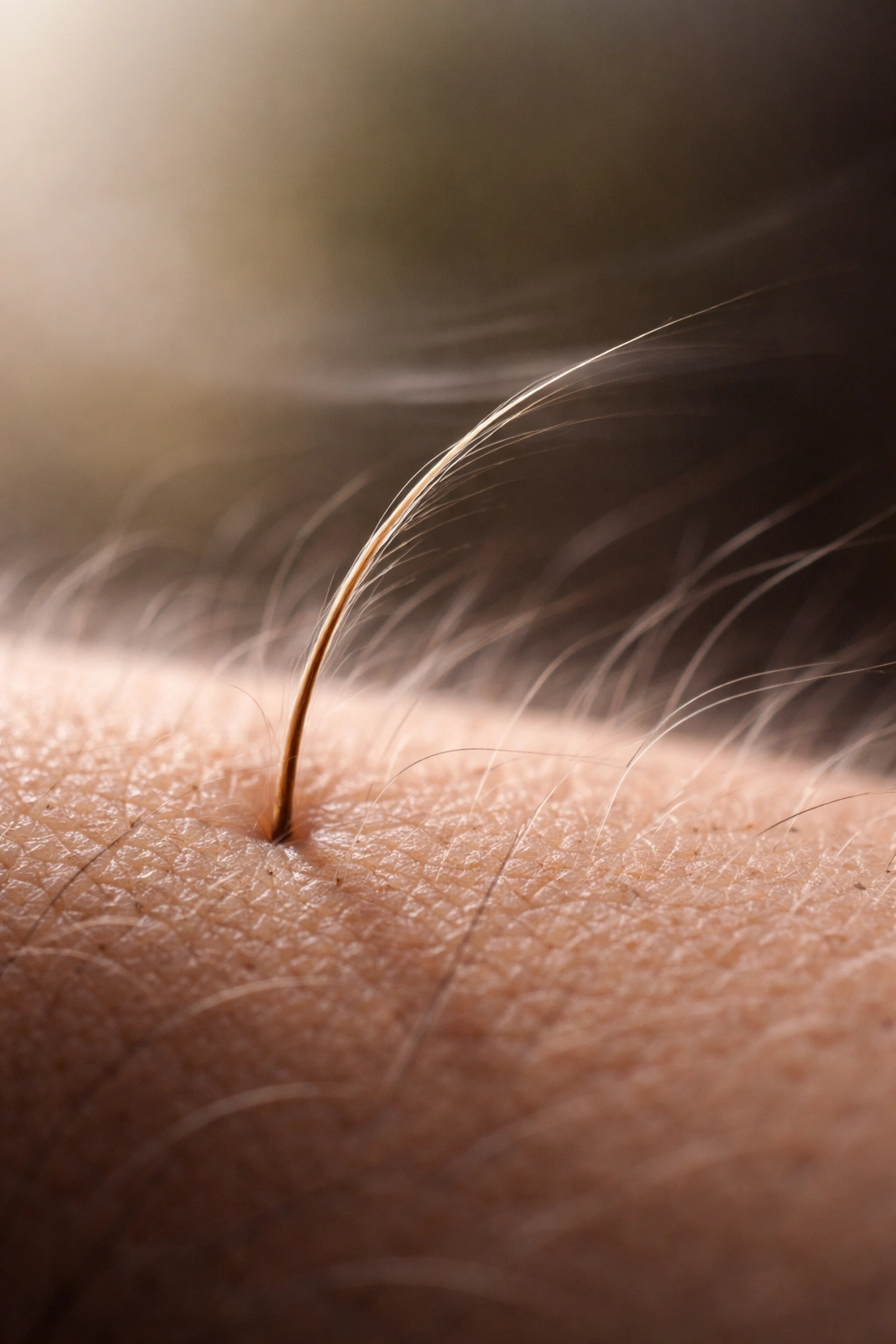 Macro of a single hair bending on skin showing tactile sensing
