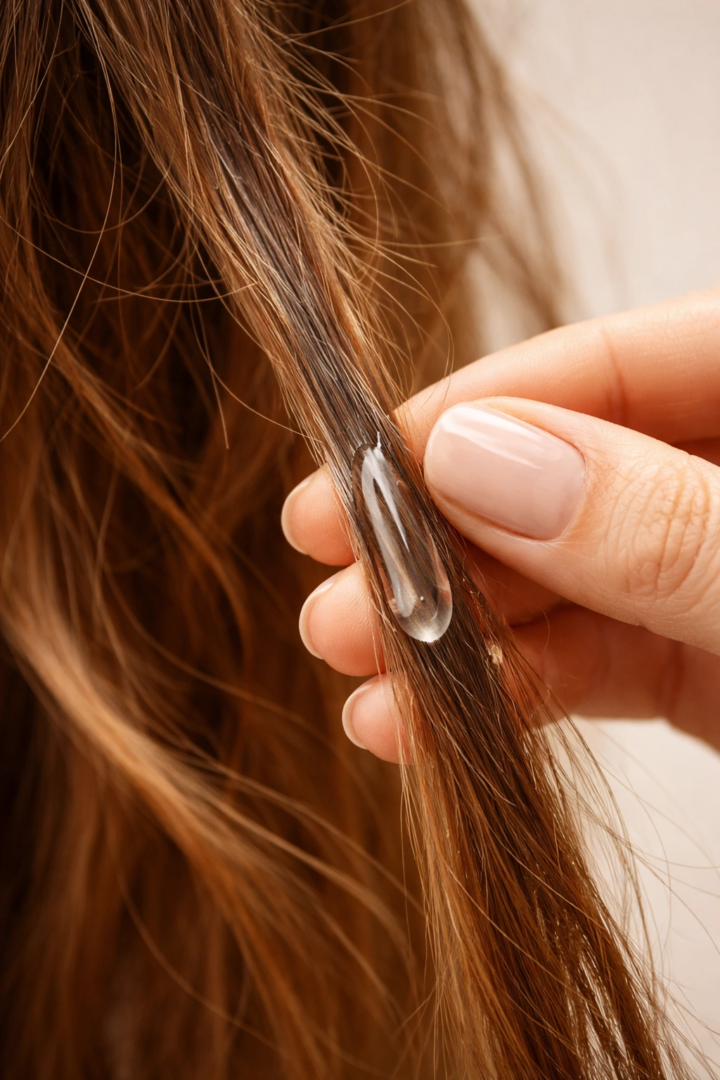 Hand applying serum to frizzy hair strand on a neutral background.