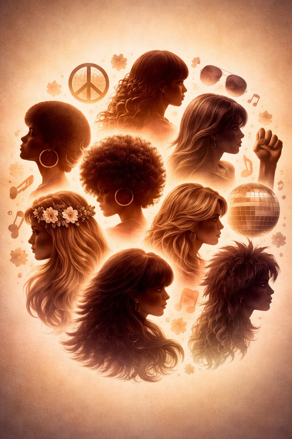 Abstract collage of 70s hairstyle silhouettes representing cultural context and diversity
