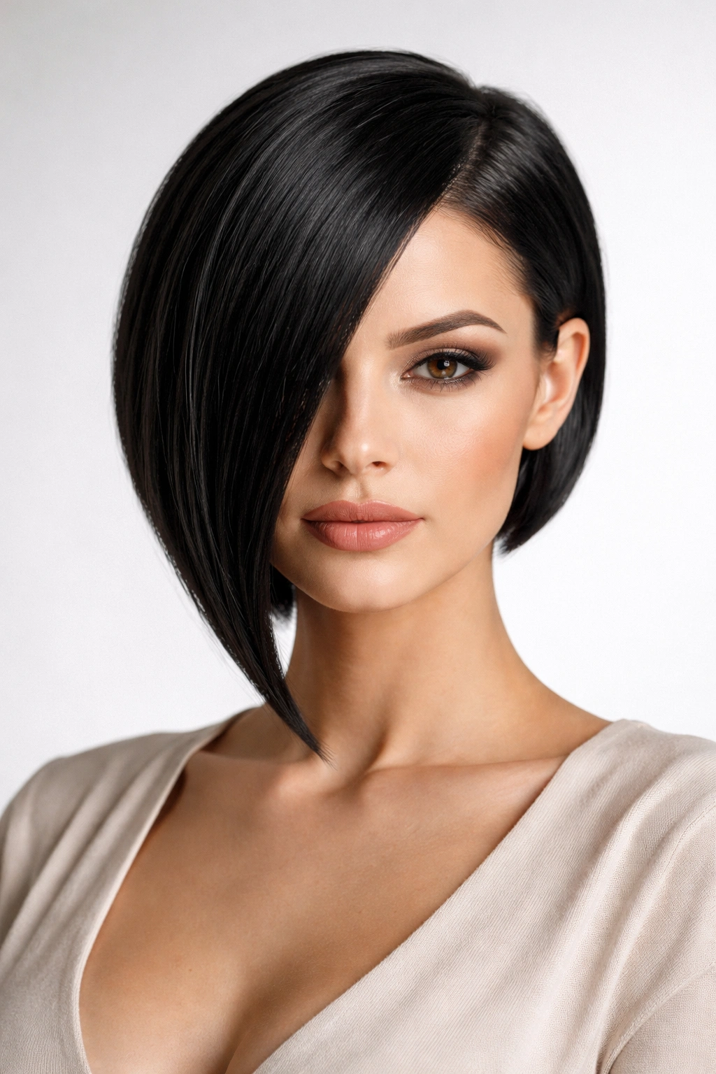 Portrait of a woman with a severe asymmetrical bob showing dramatic length difference.