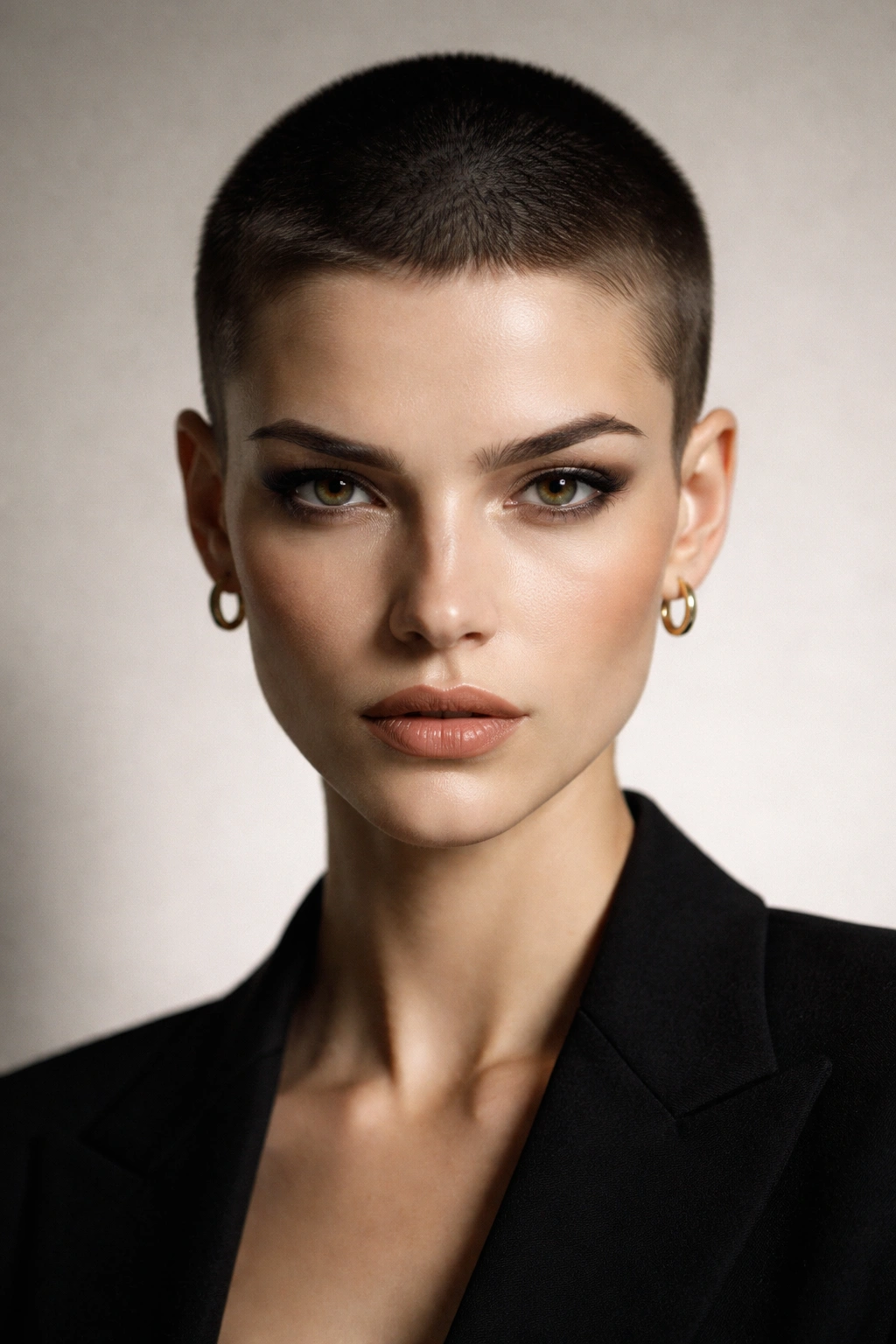 Close-up portrait of a person with a razor-short severe crop haircut in studio lighting