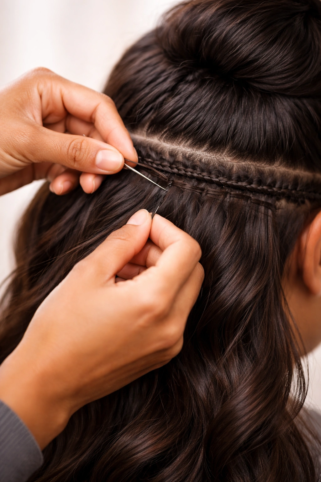 Hands sewing a weave into the back of a head, demonstrating DIY technique