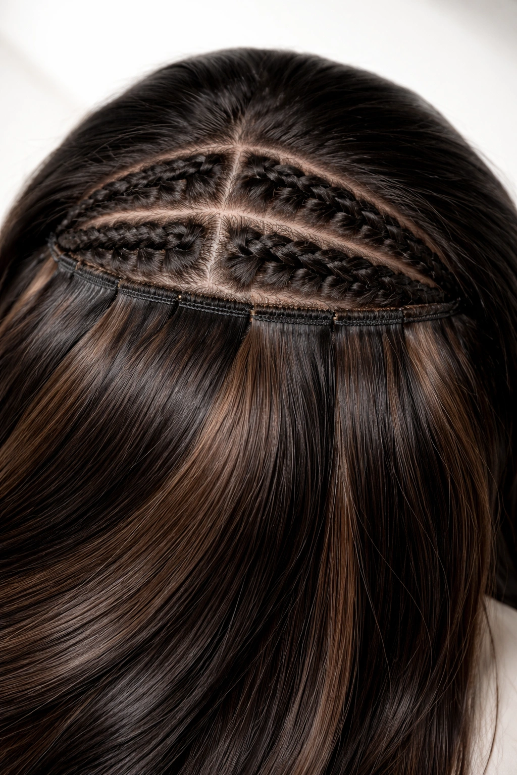 Top-down view of braided foundation with sewn-in extensions