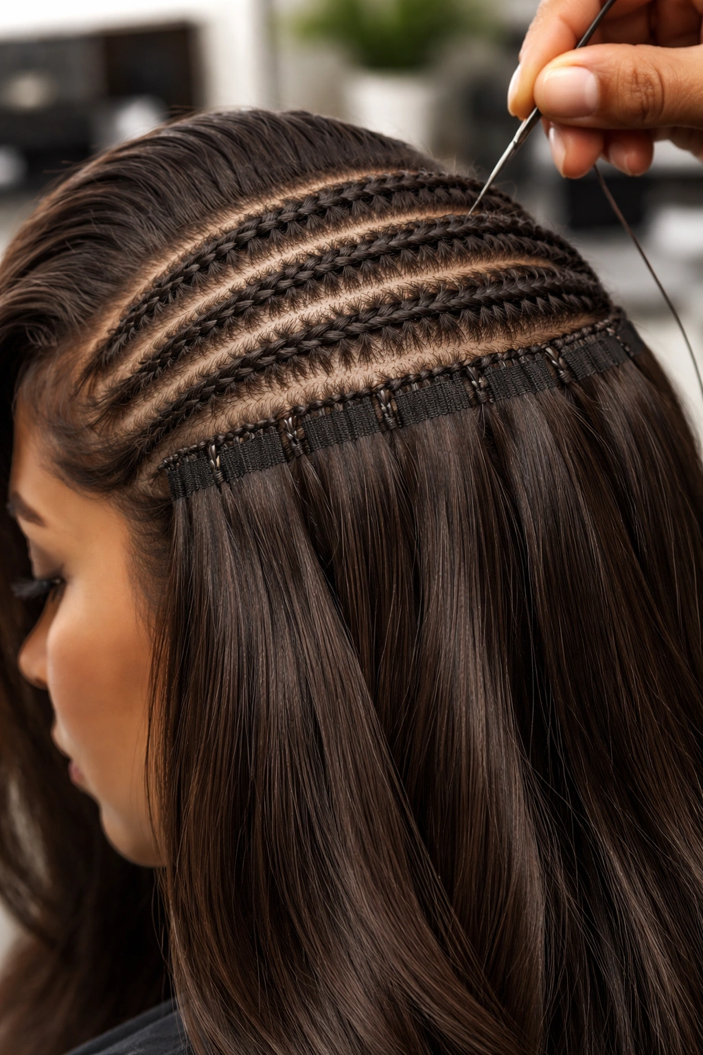 Braided cornrows with sewn-in wefts