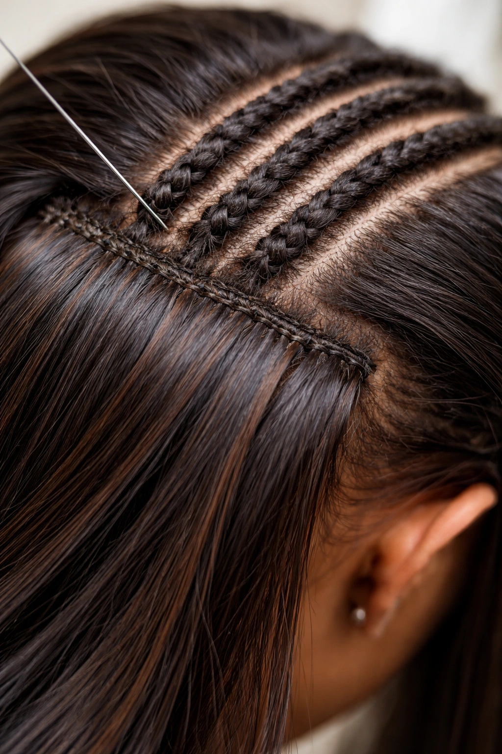 Close-up of braided cornrows with sew-in wefts on scalp