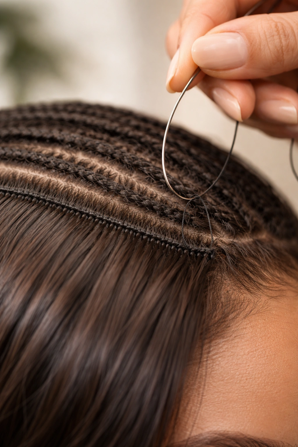 Close-up of sew-in hair extensions being stitched onto braided scalp with needle and thread