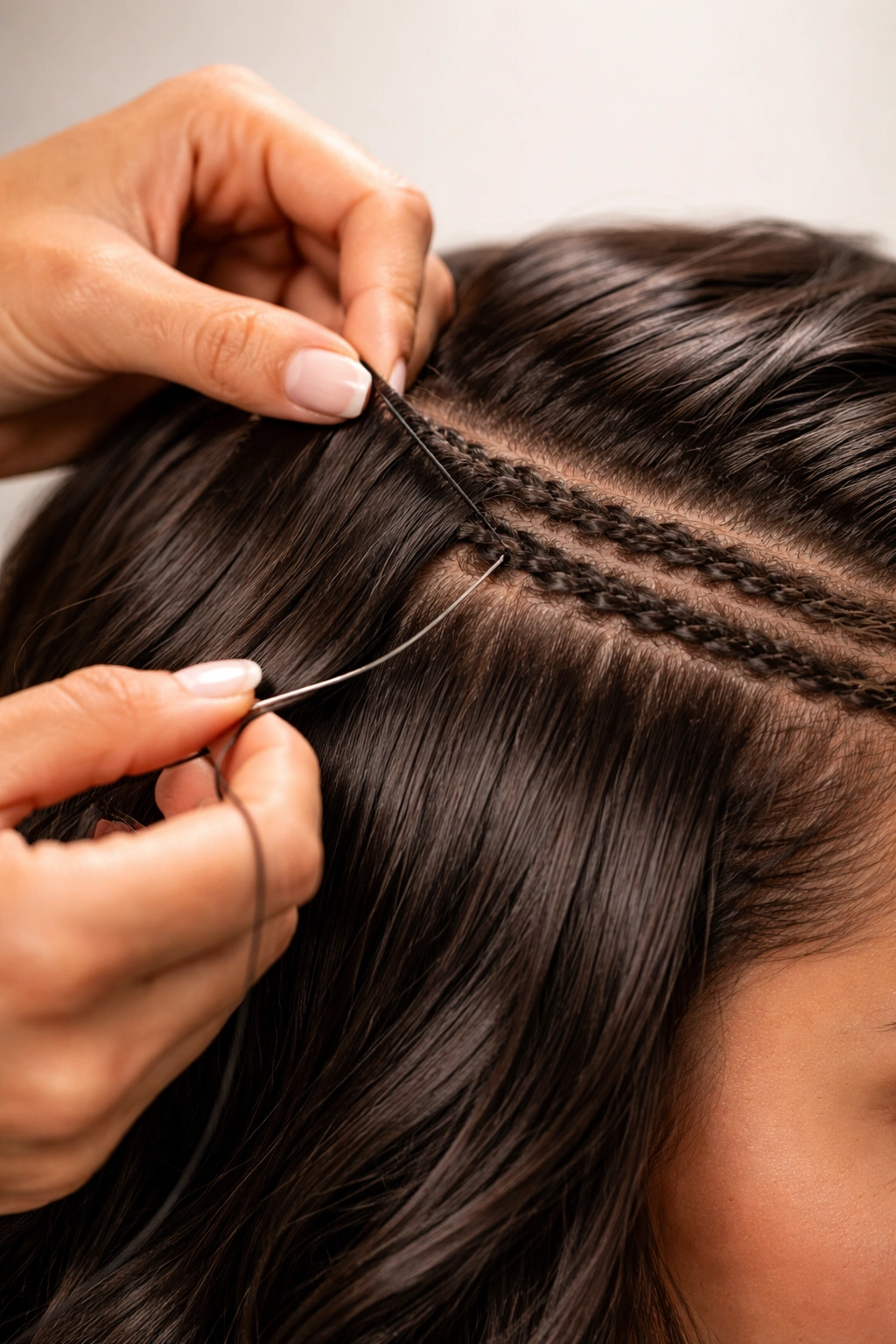 Hands sewing a hair weft onto braided cornrows for installation