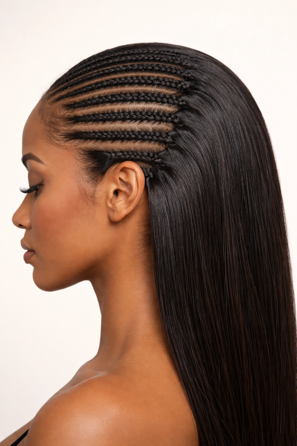 Profile view of a head showing full sew-in installations with uniform wefts