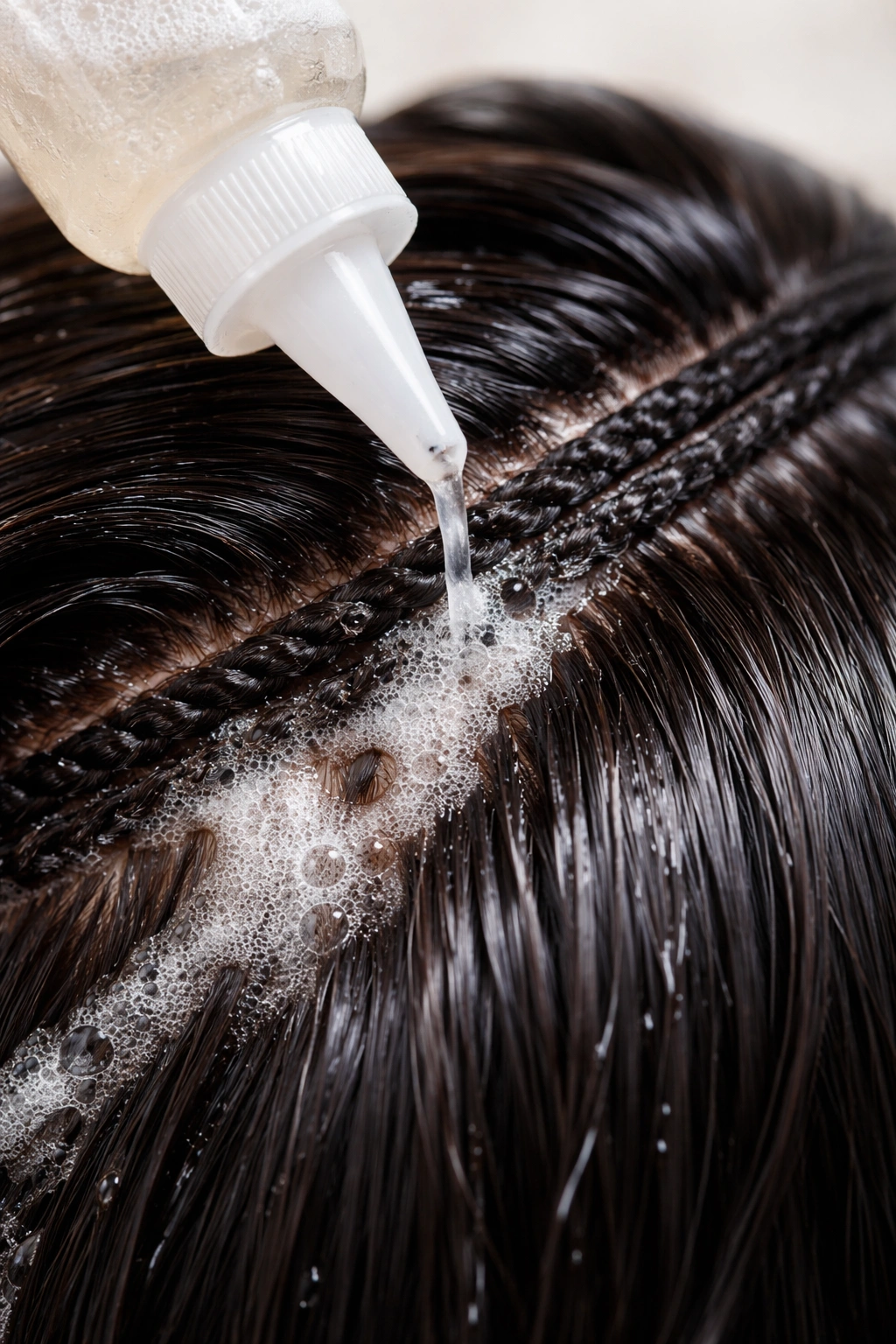 Scalp area with diluted shampoo applied to sew-in