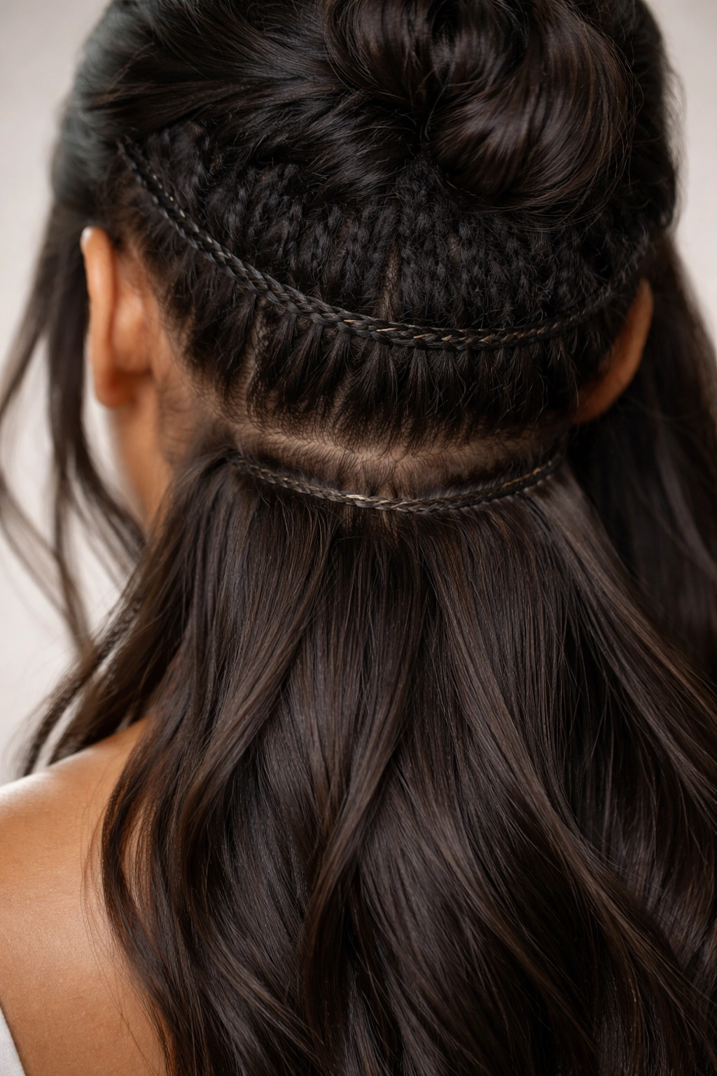 Close-up of back of head with weave showing growth and loosened weft at nape for removal timing
