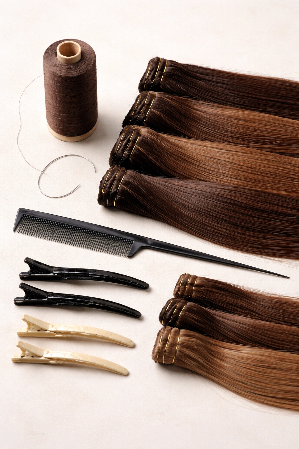 Flat lay of curved needle, thread, comb, clips, and wefts for sew-in