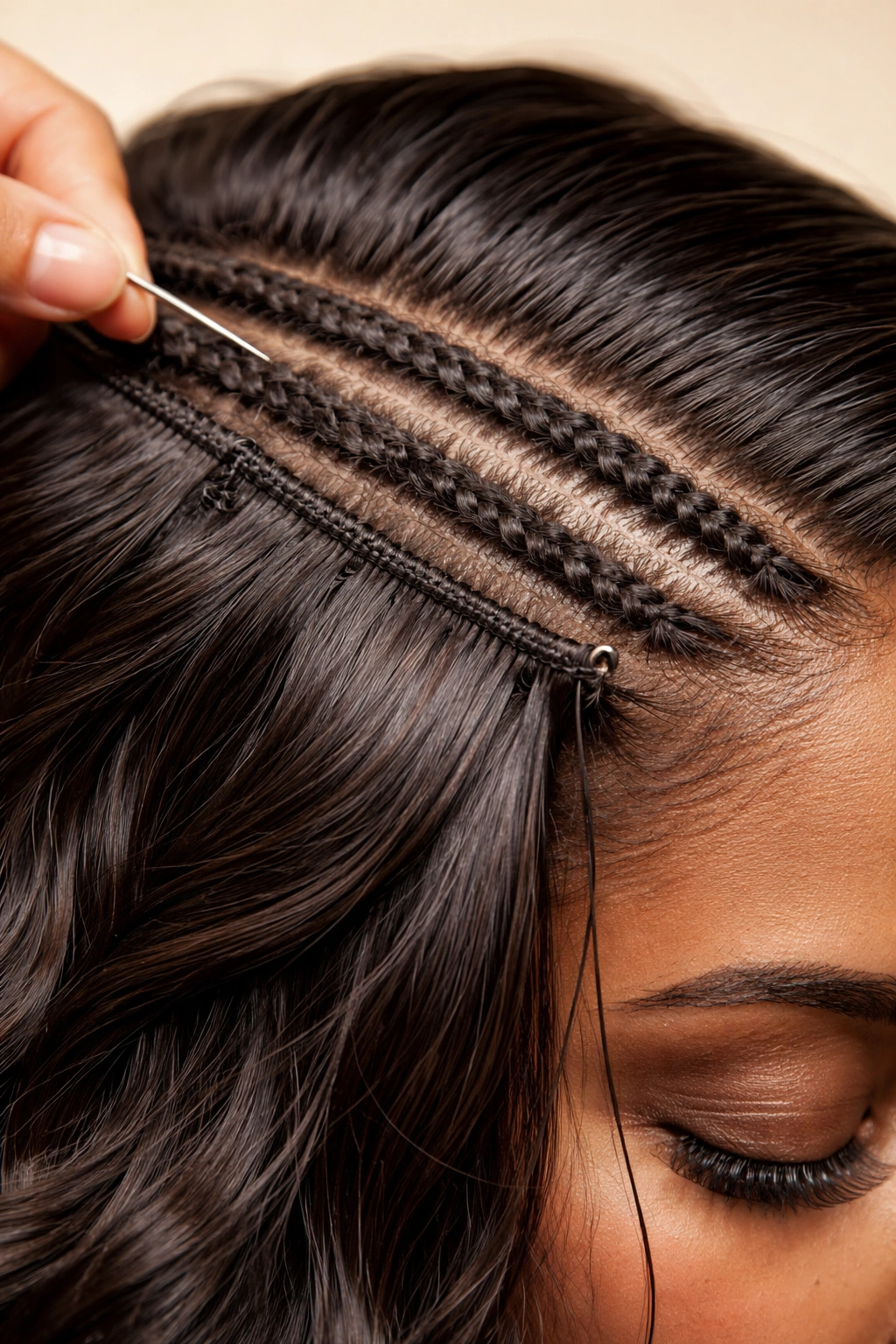 Scalp with cornrows and sewn-in hair wefts.