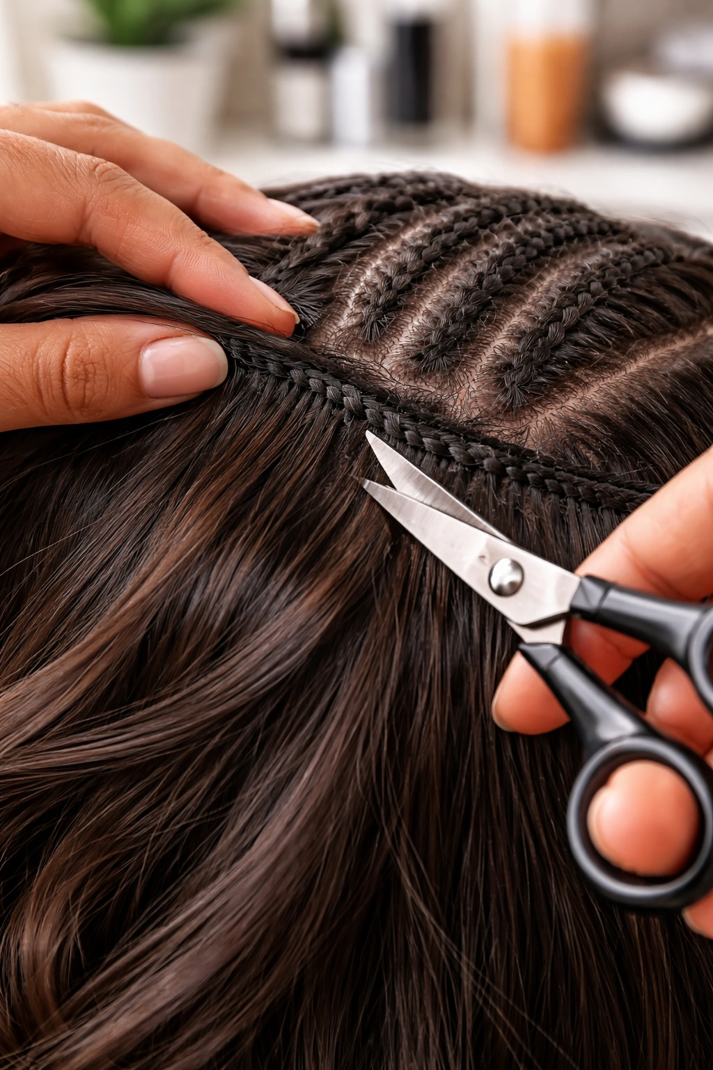 Close-up of scissors cutting thread from sew-in weave with cornrows in background.