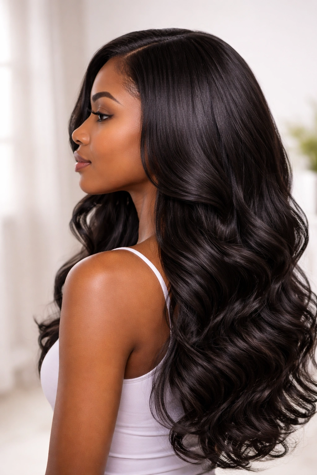 Side-profile view of head with seamless sew-in blend and natural movement