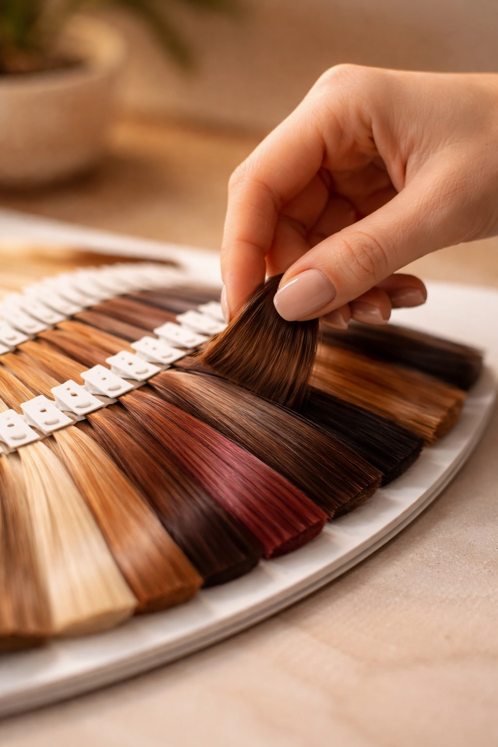 Hand selecting hair color swatch to choose shade