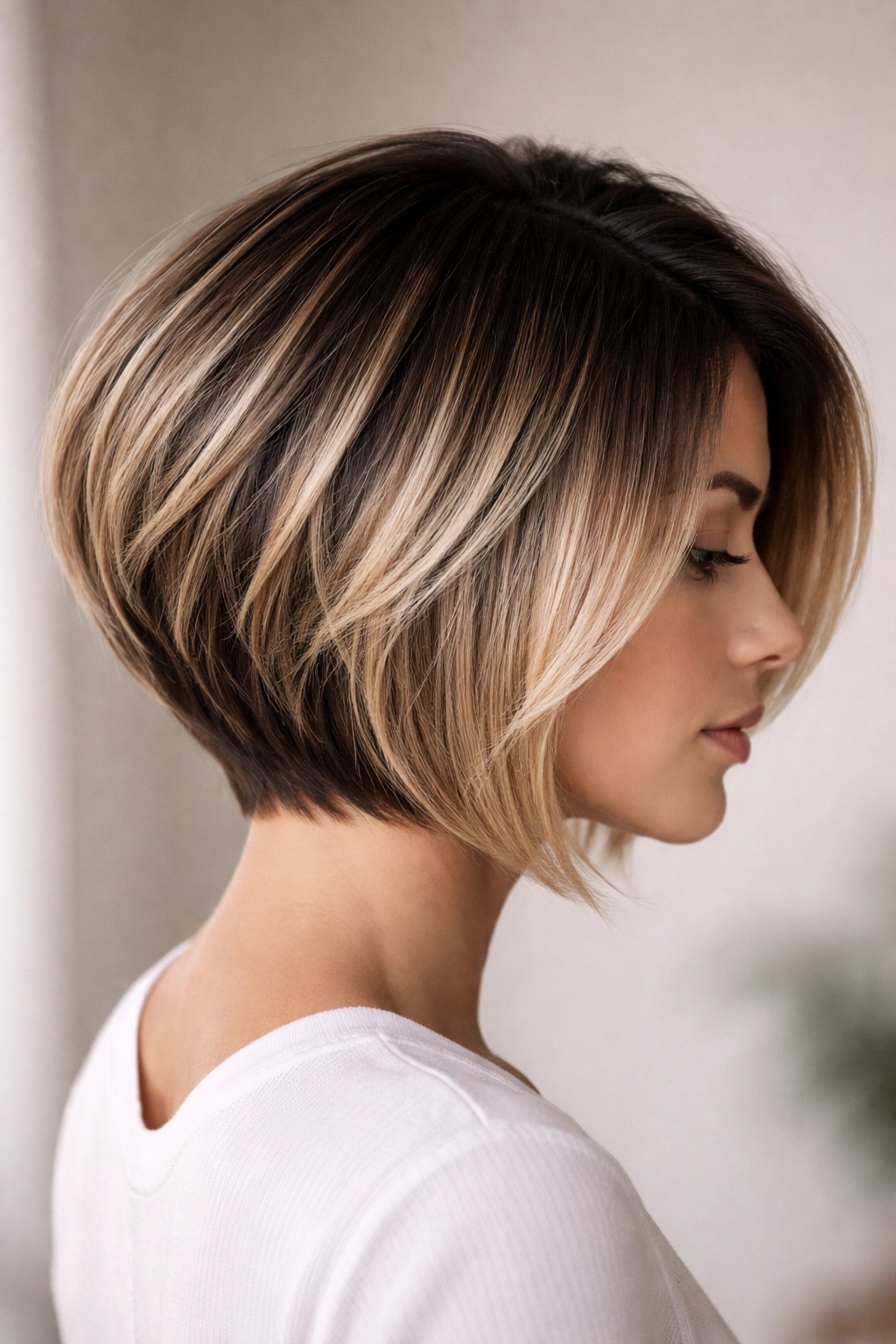 Dark shadow-rooted stacked bob with deep root contrast and light ends