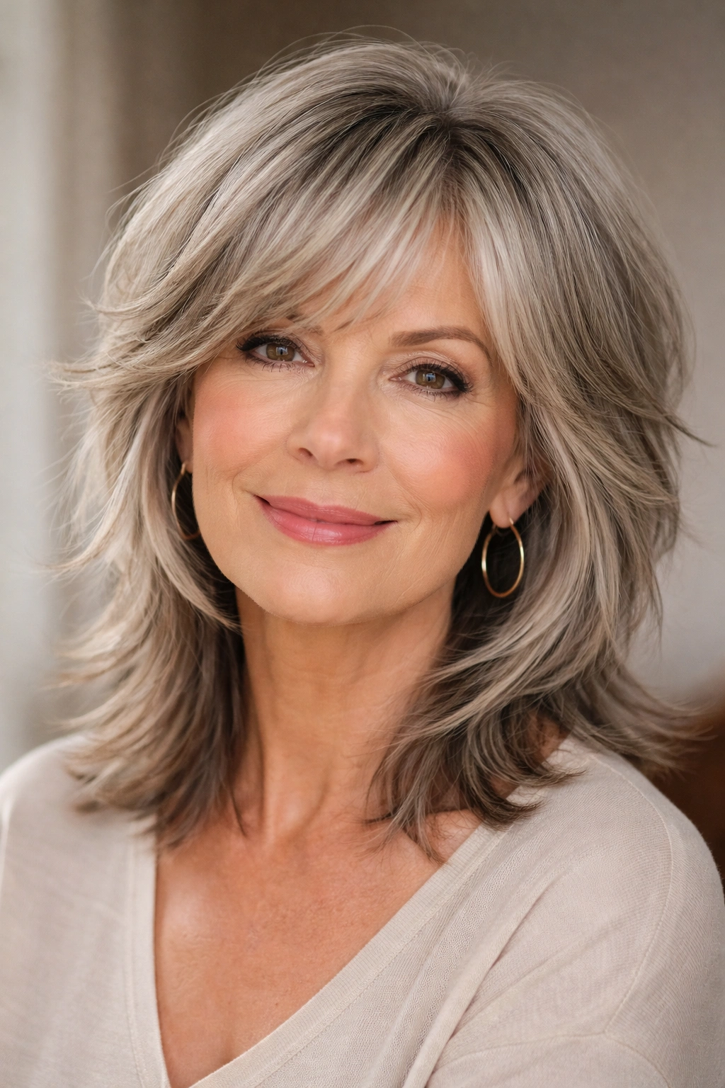Close-up of a mature person with a shag featuring subtle front-side asymmetry.