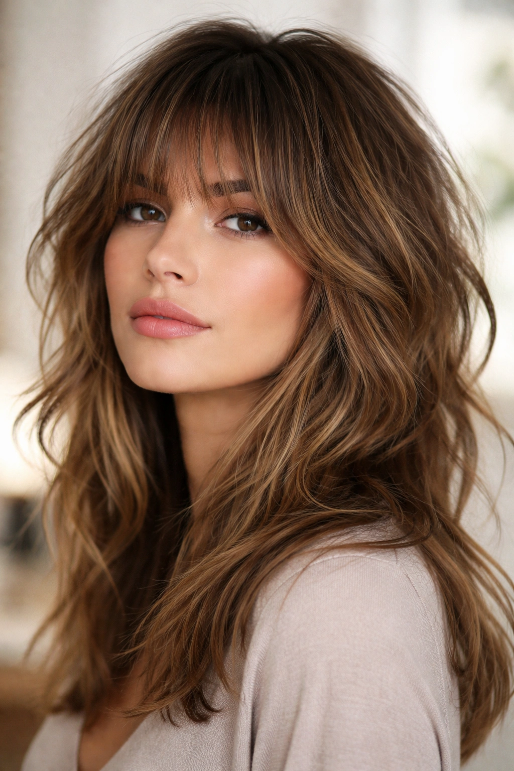 Shag haircut with wispy bangs adding texture and dimension