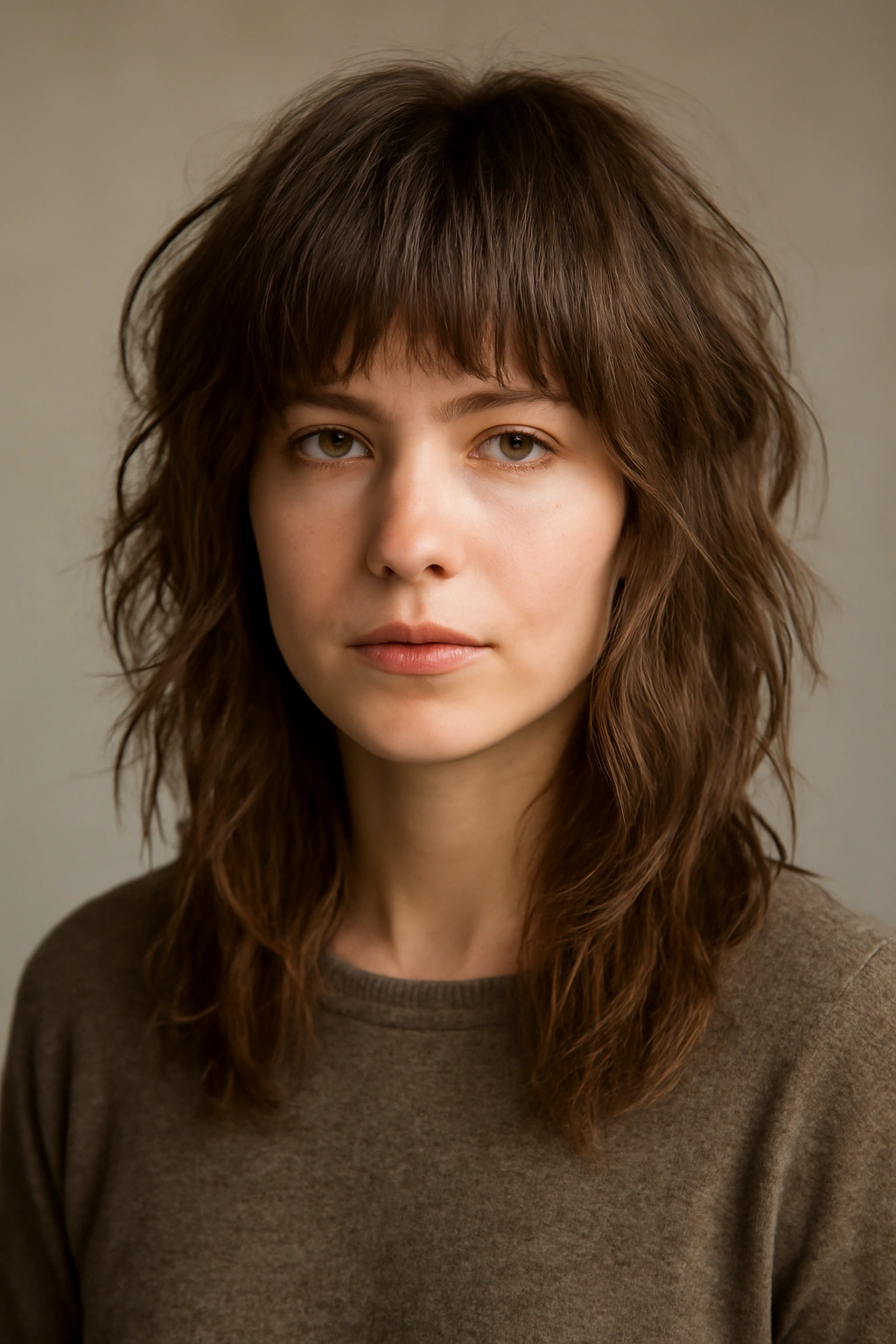 20 Shaggy Styles That Make Your Hair Look Effortlessly Good 4 Front-facing shot of The Shag with Bangs showing shaggy layers and a short, choppy fringe