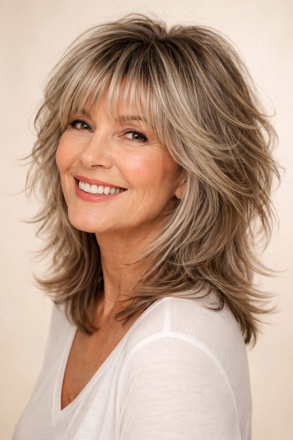 Close-up of a mature woman with a textured shag and bangs