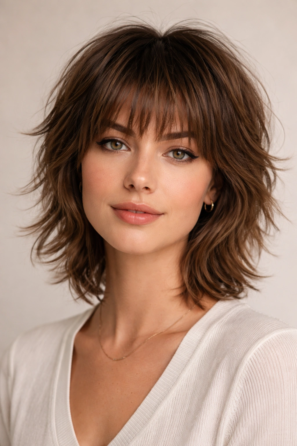 Shag with textured bangs blending into top layers