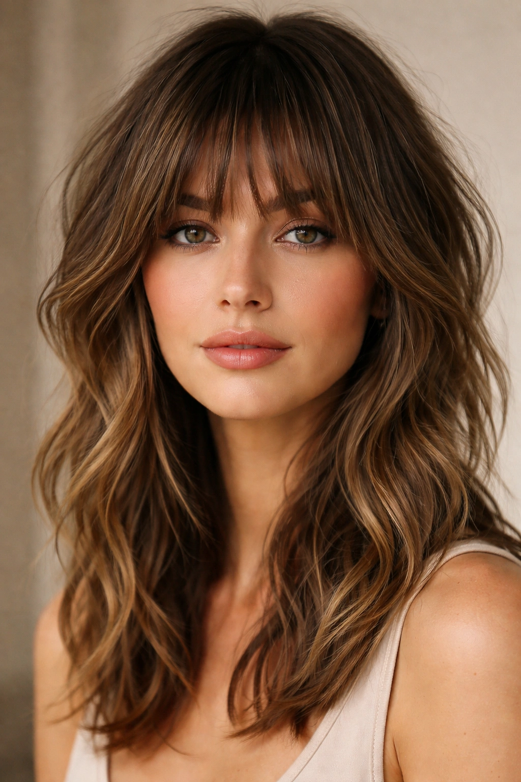 15 Bang Styles That Pair Well With Medium Hair 7 Close-up of textured shag bangs on medium-length hair